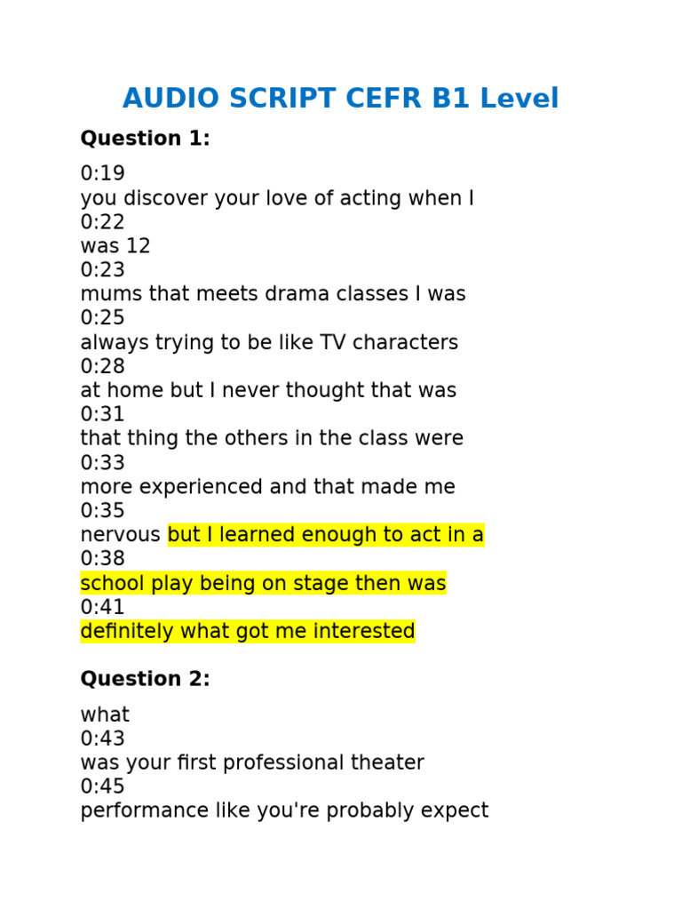 B1 Level Audio Script: Acting Journey | PDF