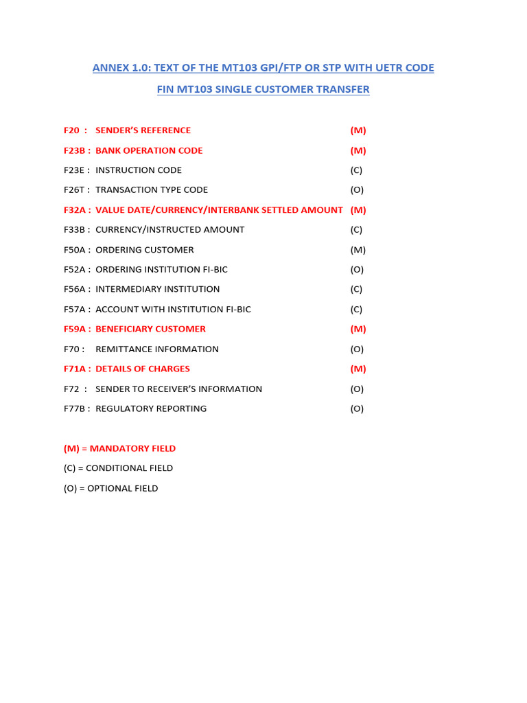 Blank Specimen of Mt103 Ftp Stp Gpi Uetr Code 22 Nov 22 (1) | PDF