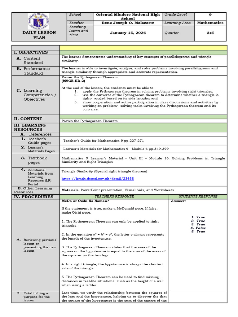 Pythagorean Theorem Lesson Plan | PDF | Elementary Geometry | Euclidean ...