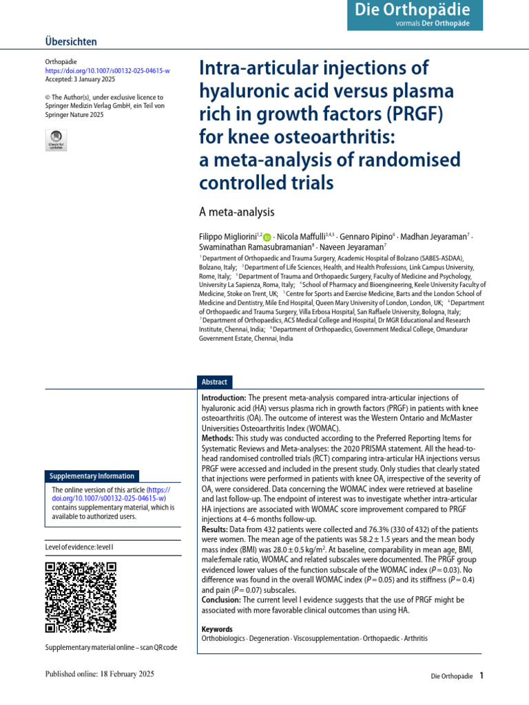 HA vs PRGF Injections for Knee OA | PDF | Systematic Review ...