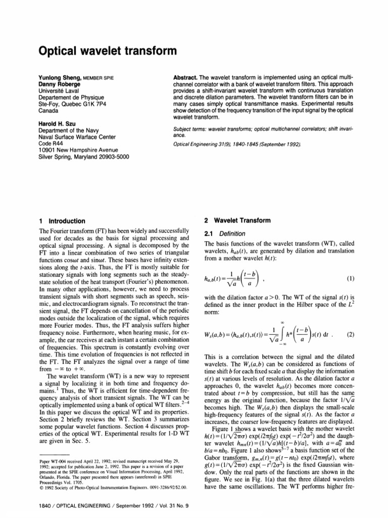 Optical Wavelet Transform | PDF | Wavelet | Fourier Analysis