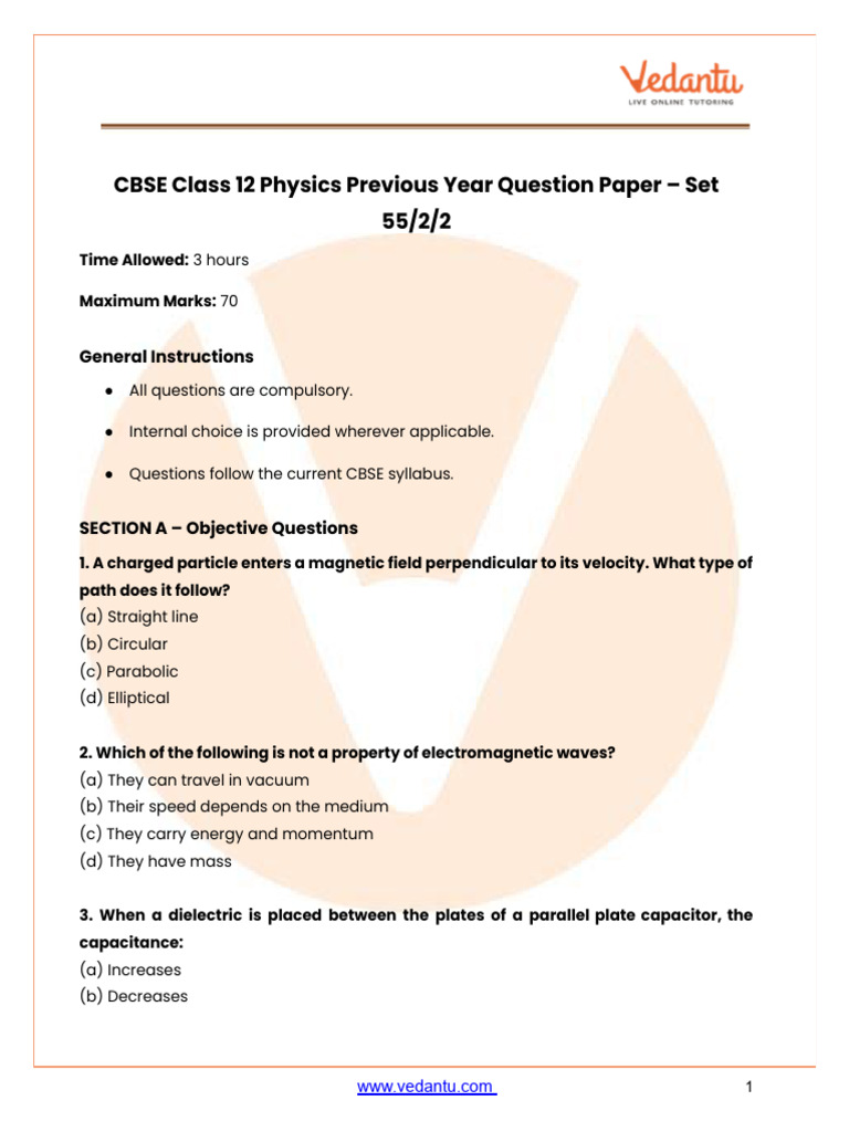 CBSE Class 12 Physics Question Paper Set 55 | PDF | Electron ...