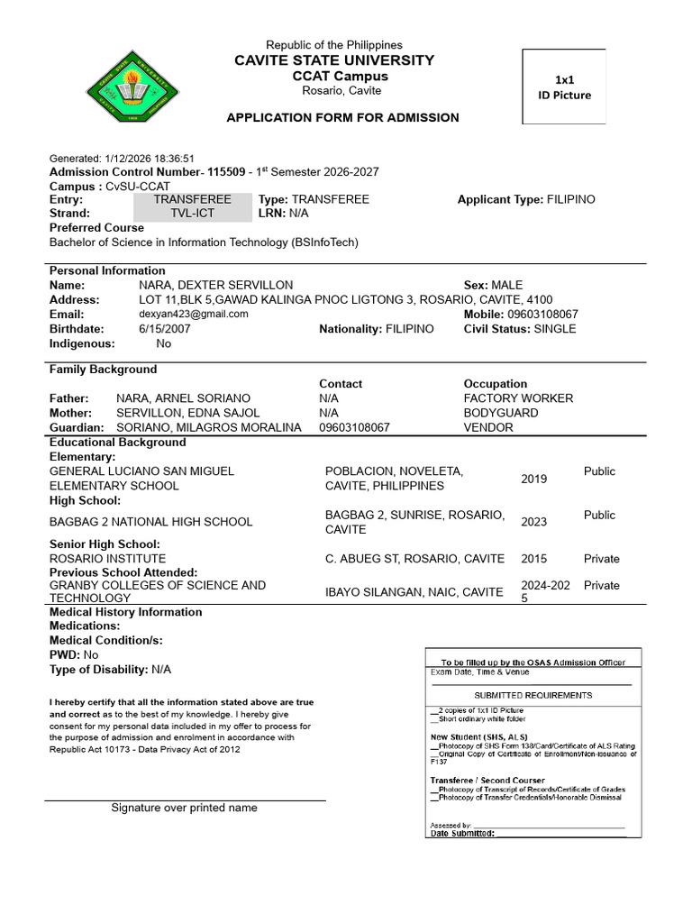 NARA - Admission Form | PDF
