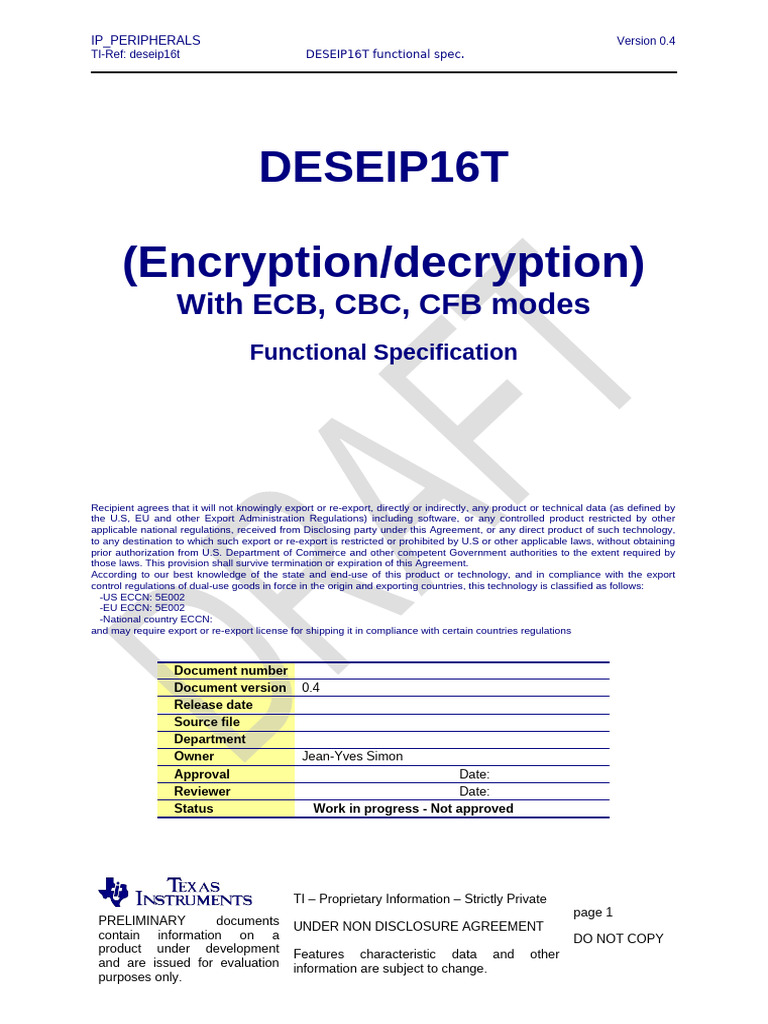 DESEIP16T Encryption Functional Spec | PDF | Cipher | Espionage Techniques