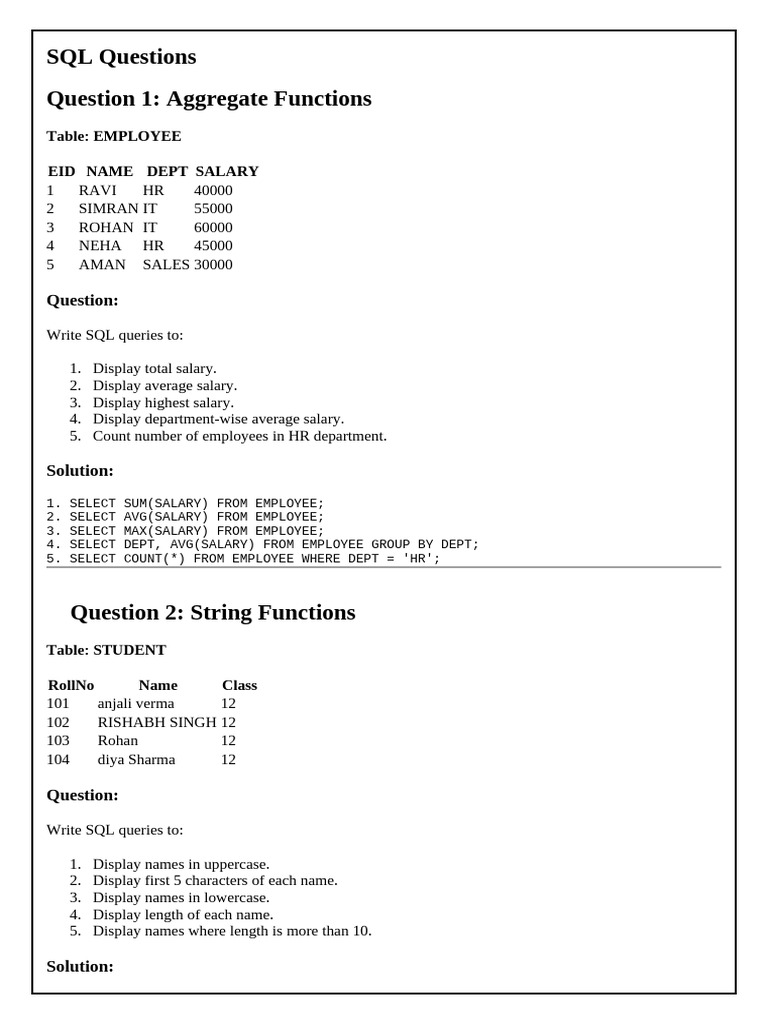 SQL Queries for Data Analysis Functions | PDF | Sql | Computer Programming