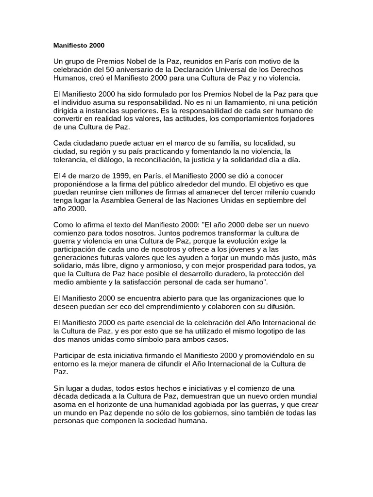 Manifiesto 2000: Cultura de Paz y No Violencia | PDF | Violencia | Paz