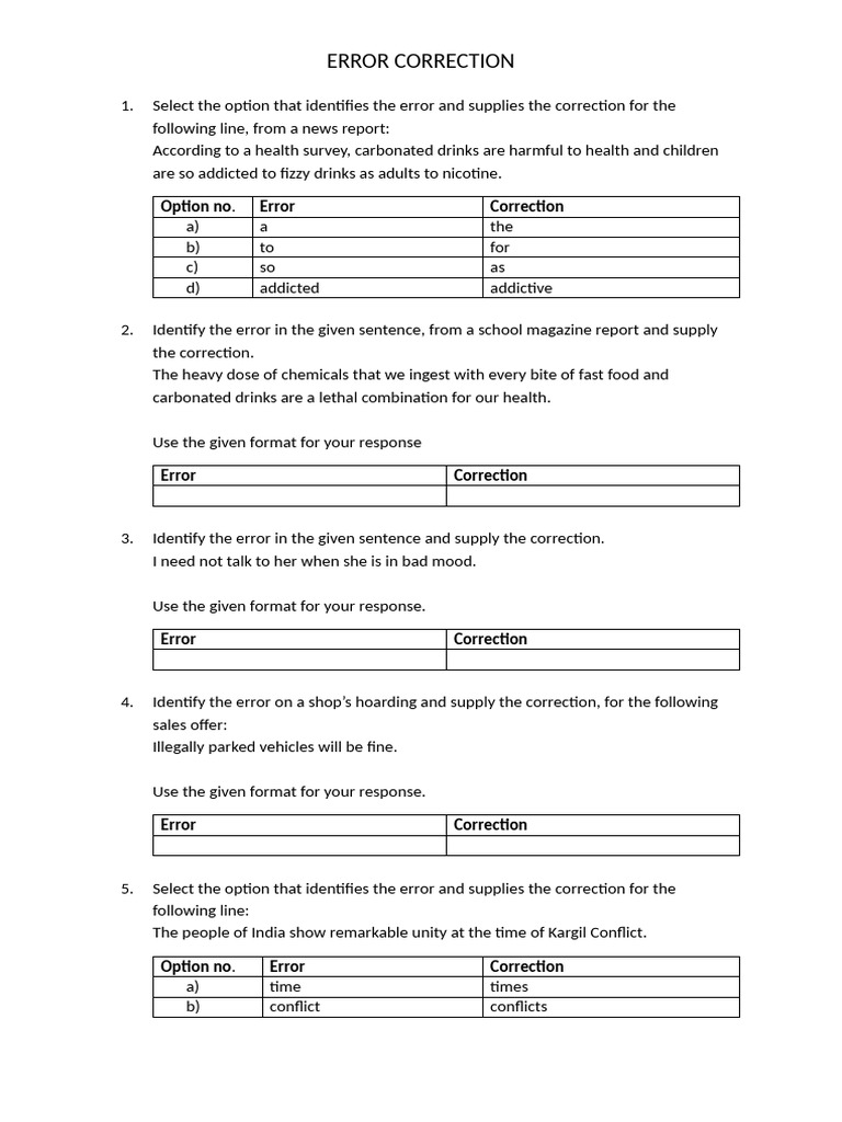 Error Correction Exercises and Solutions | PDF