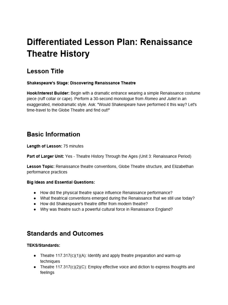 Renaissance Theatre Lesson Plan | PDF | Theatre | William Shakespeare