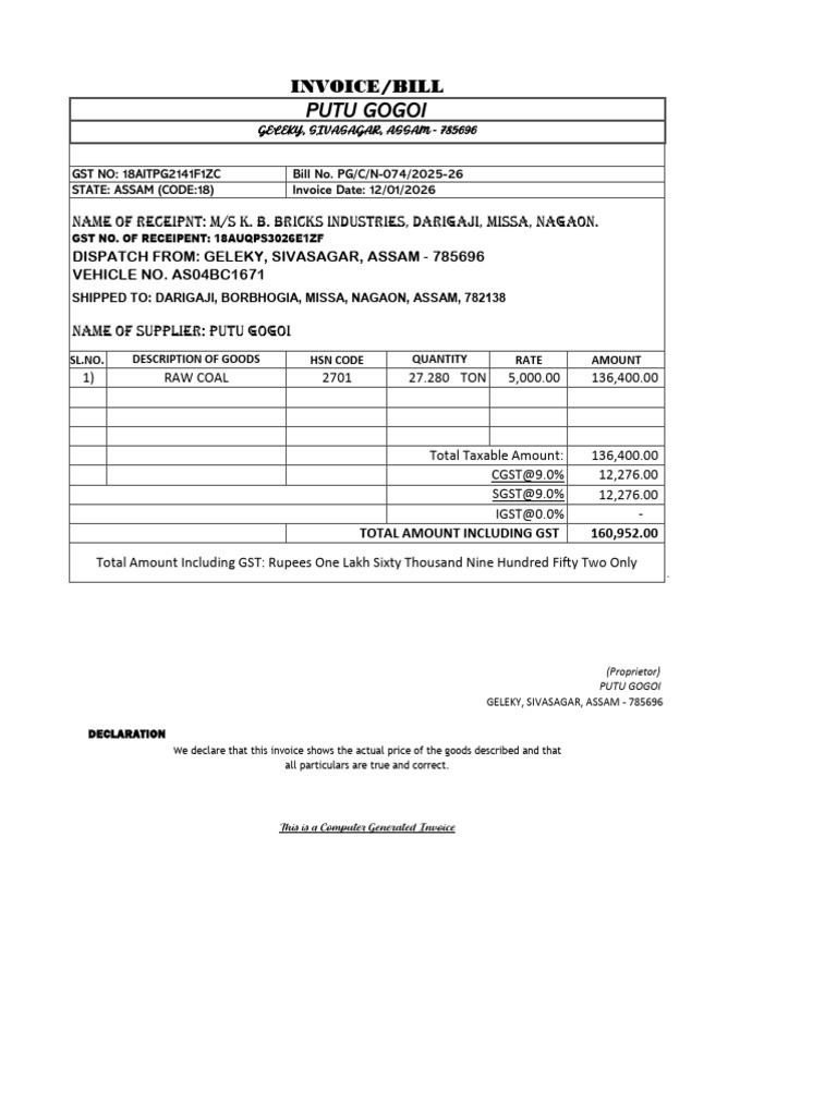 GST Invoice for Raw Coal Supply | PDF
