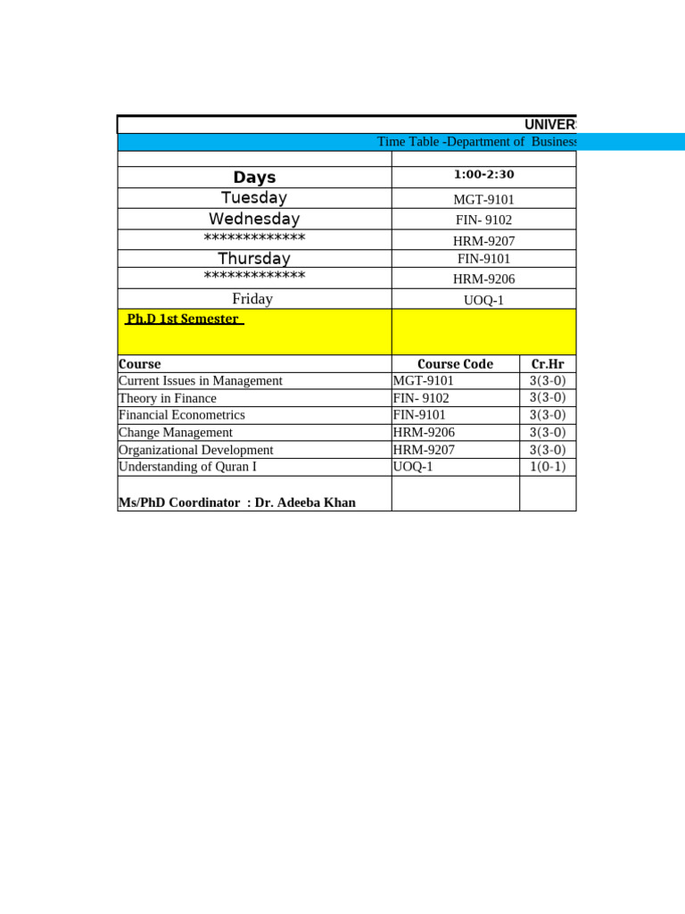 PhD 2025 Fall Time Table 1st (Tentative) | PDF