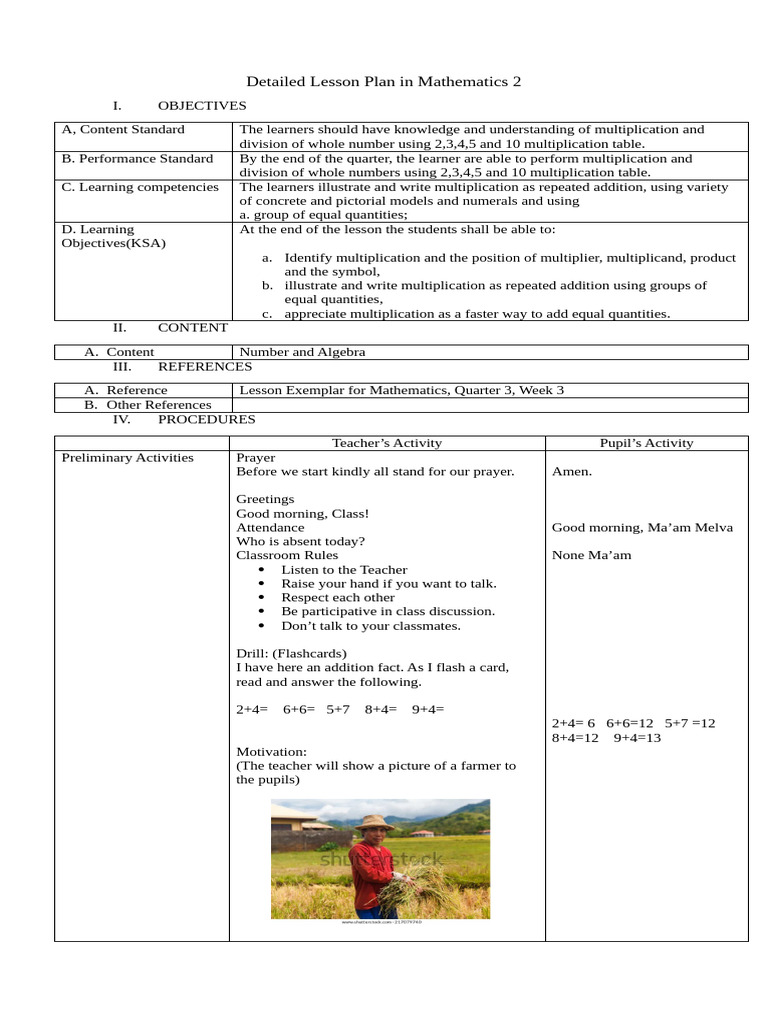 Grade 2 Math Lesson Plan: Multiplication | PDF | Multiplication | Learning