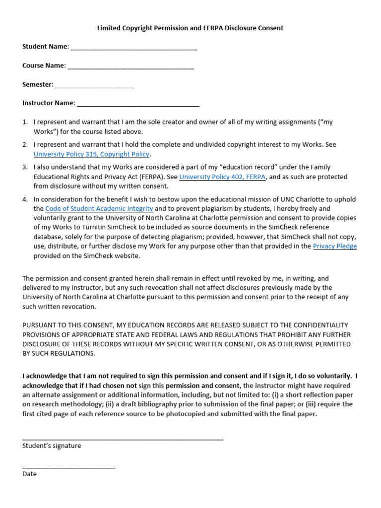 FERPA Consent and Copyright Release Form | PDF | Turnitin | Justice