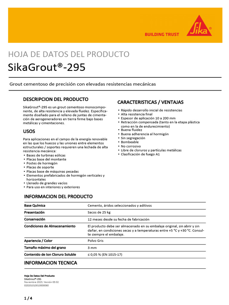 SikaGrout®-295: Grout de Alta Resistencia | PDF | Hormigón | Agua