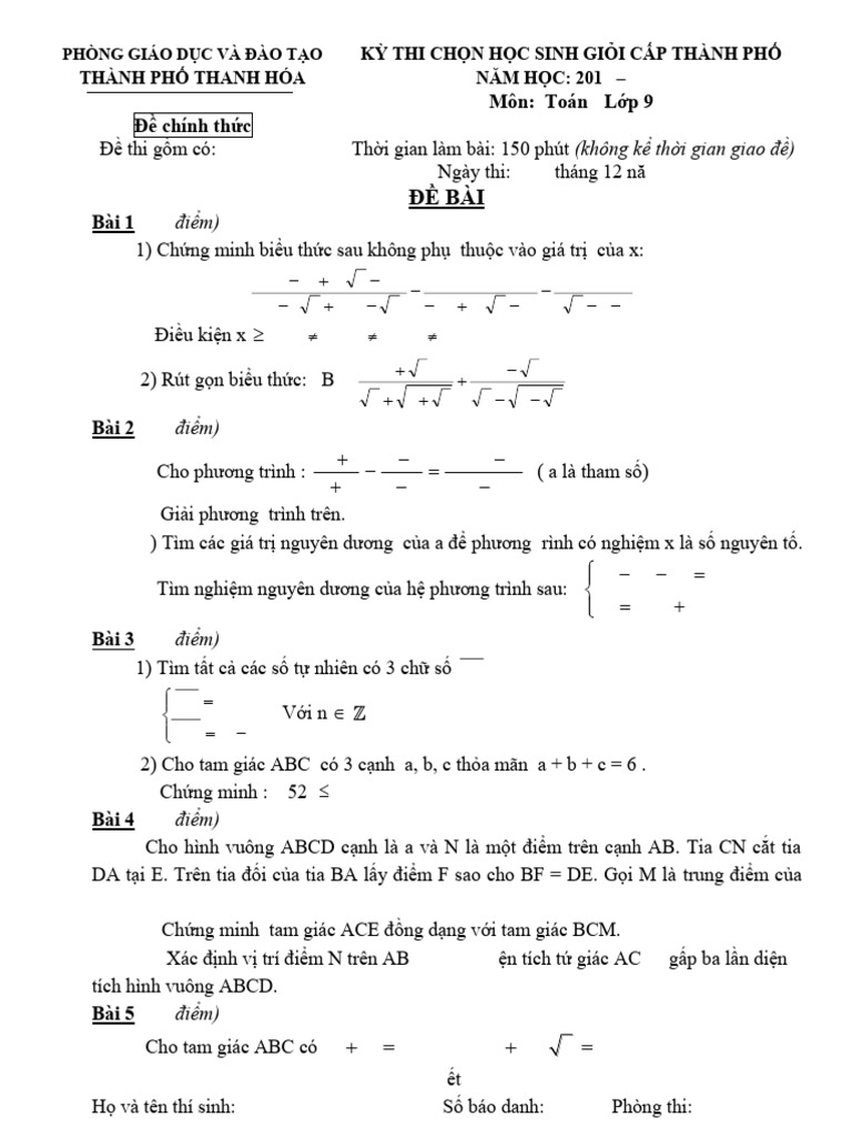De Va Dap an Hsg Mon Toan 9 Thanh Pho Thanh Hoa Nam Hoc 2014 2015 | PDF