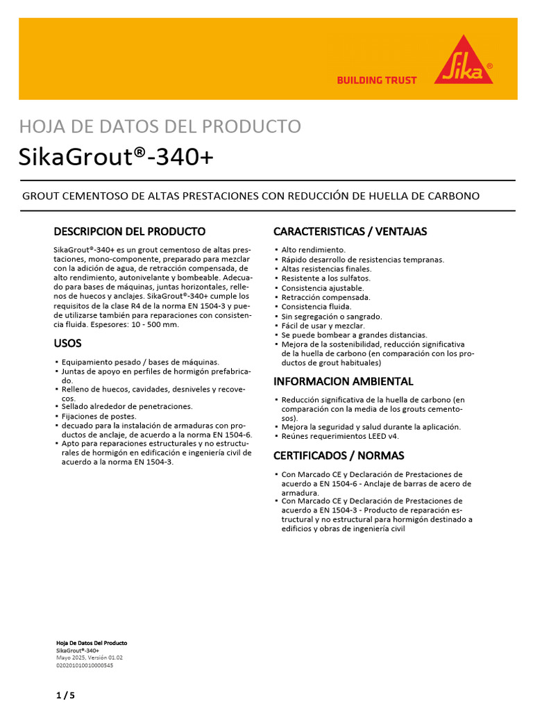 SikaGrout®-340+: Grout Cementoso Ecológico | PDF | Hormigón | Agua