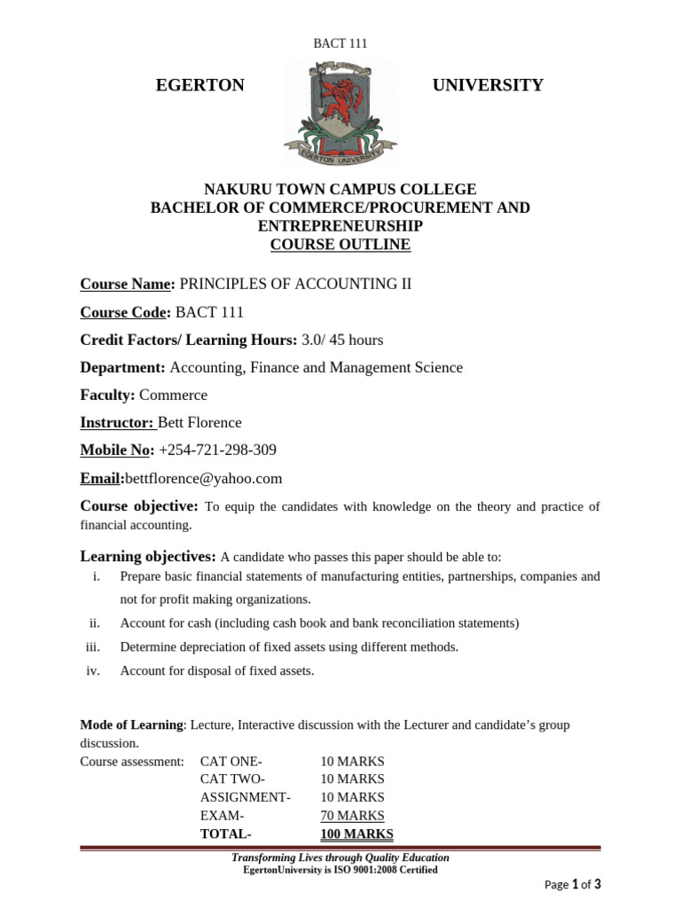 Principles of Accounting II Course Outline | PDF | Financial Accounting ...