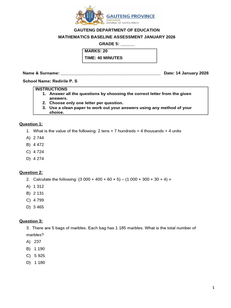 Grade 5 Mathematics Assessment 2026 | PDF