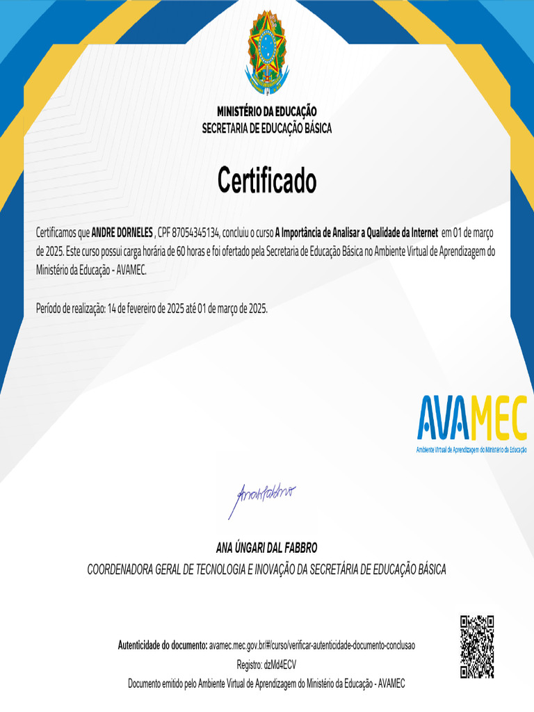 Certificado de Curso AVAMEC - Andre Dorneles | PDF