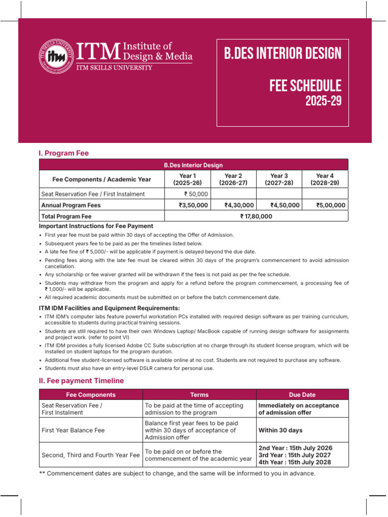 B.Des Interior Design Fee Structure 2025-29 | PDF | Fee | Computer ...