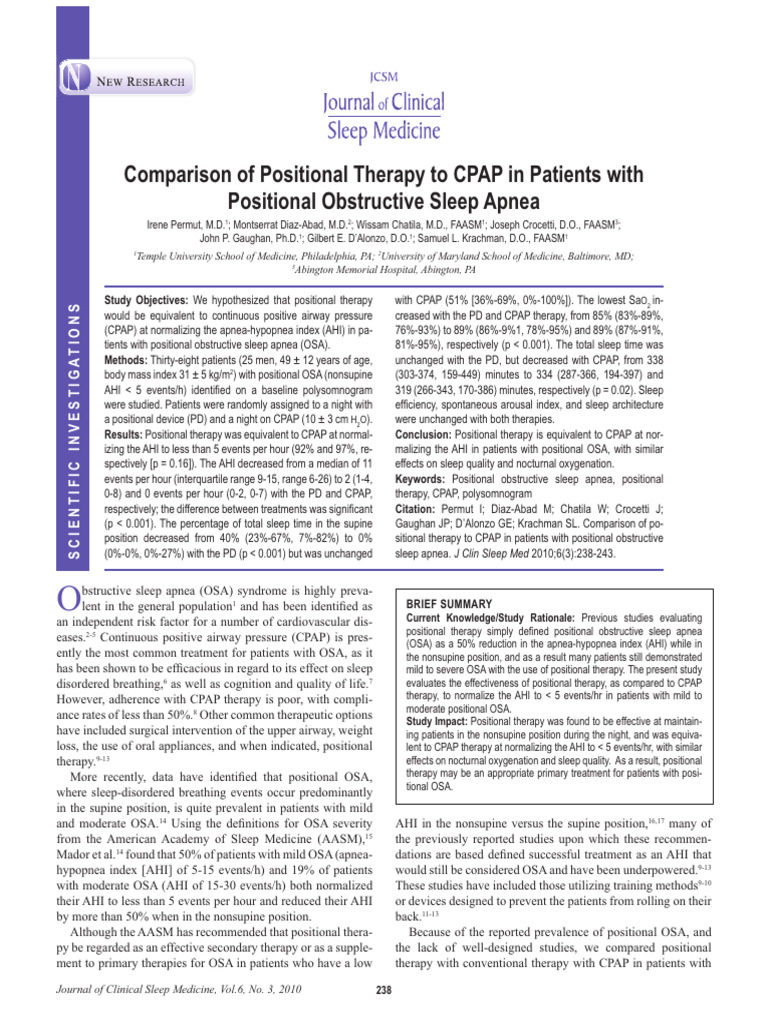 Comparison of Positional Therapy to CPAP in Patients With Positional ...