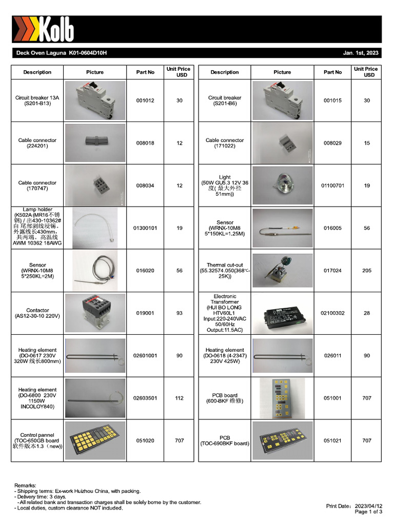 Spare Parst List For Deck Oven Laguna K01-0604D10H | PDF