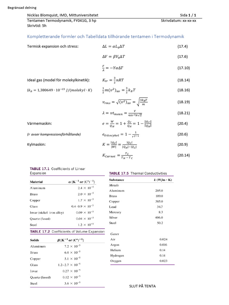 Kompletterande formler och tabelldata tillhörande tentamen i ...