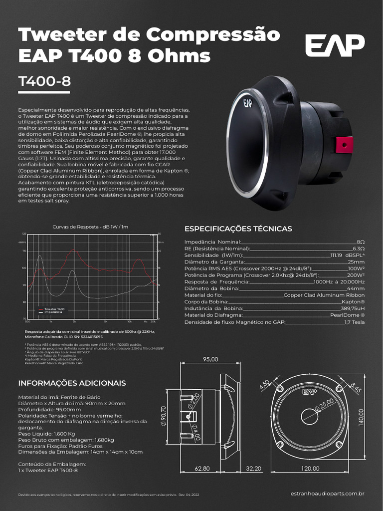 Tweeter de Compressão EAP T400 8 Ohms | PDF | Indutor | Eletromagnetismo