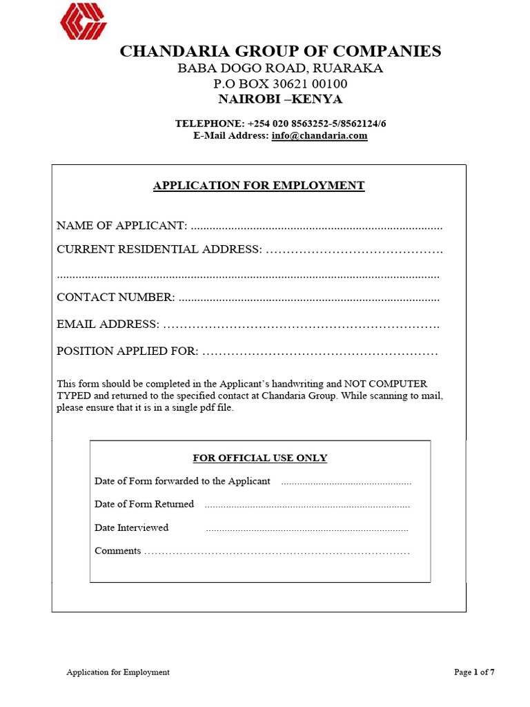 Chandaria Employment Application Form | PDF