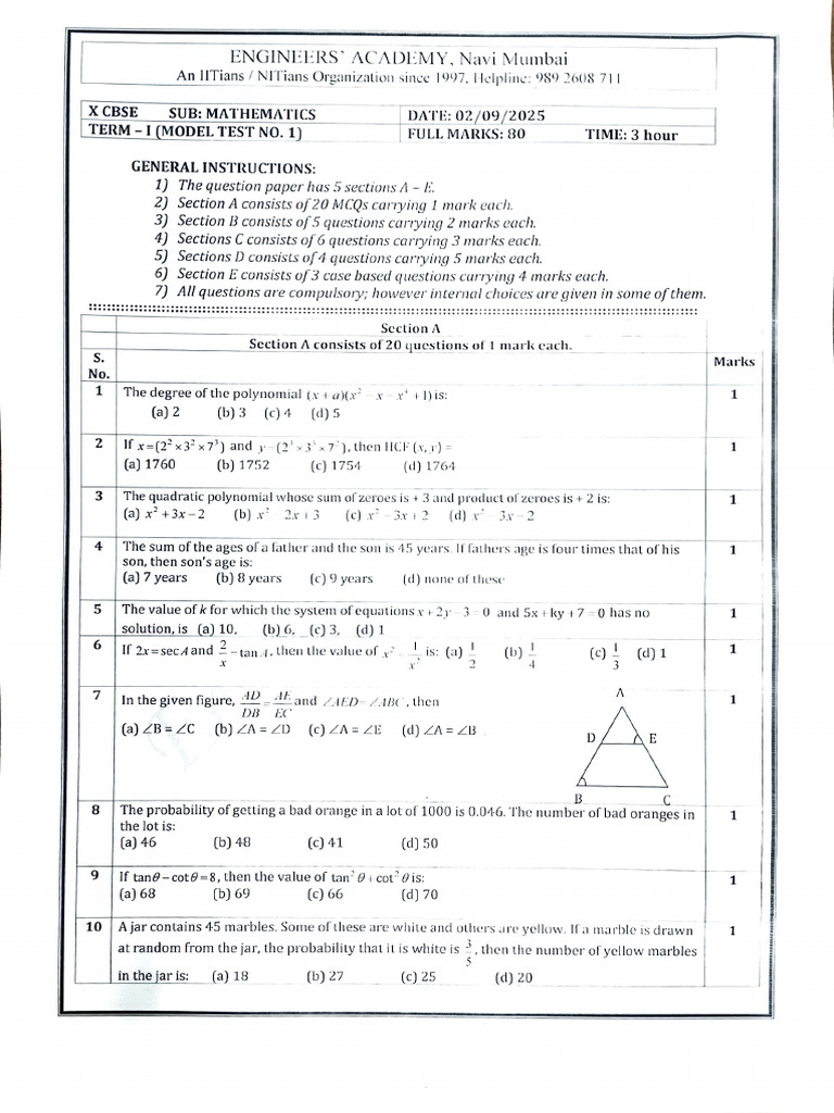 CBSE Mathematics Model Test Paper | PDF | Number Theory | Elementary ...