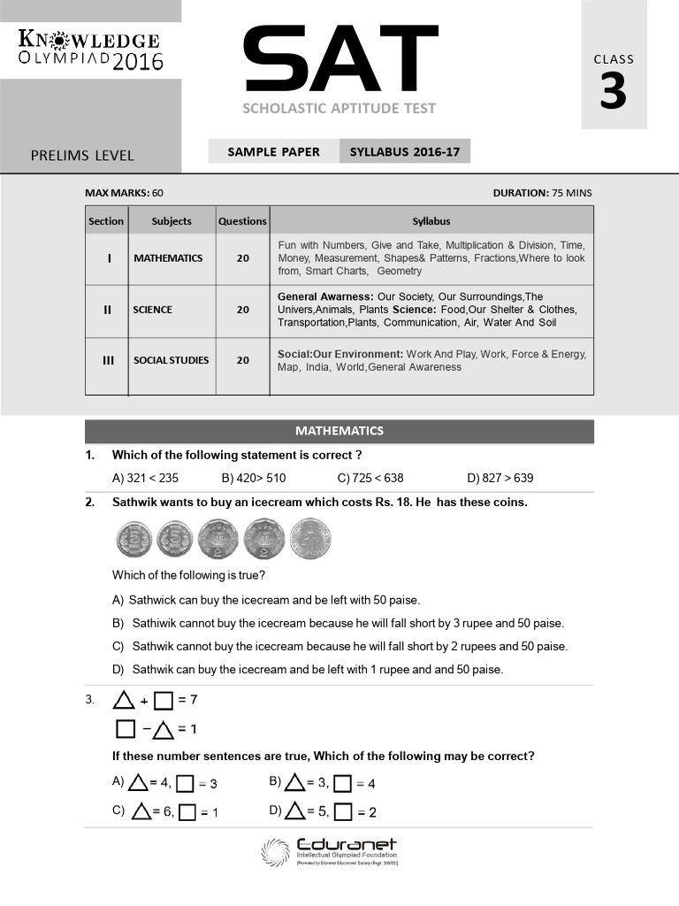 SAT Sample Paper for Class Prelims | PDF | English Language | Subject ...
