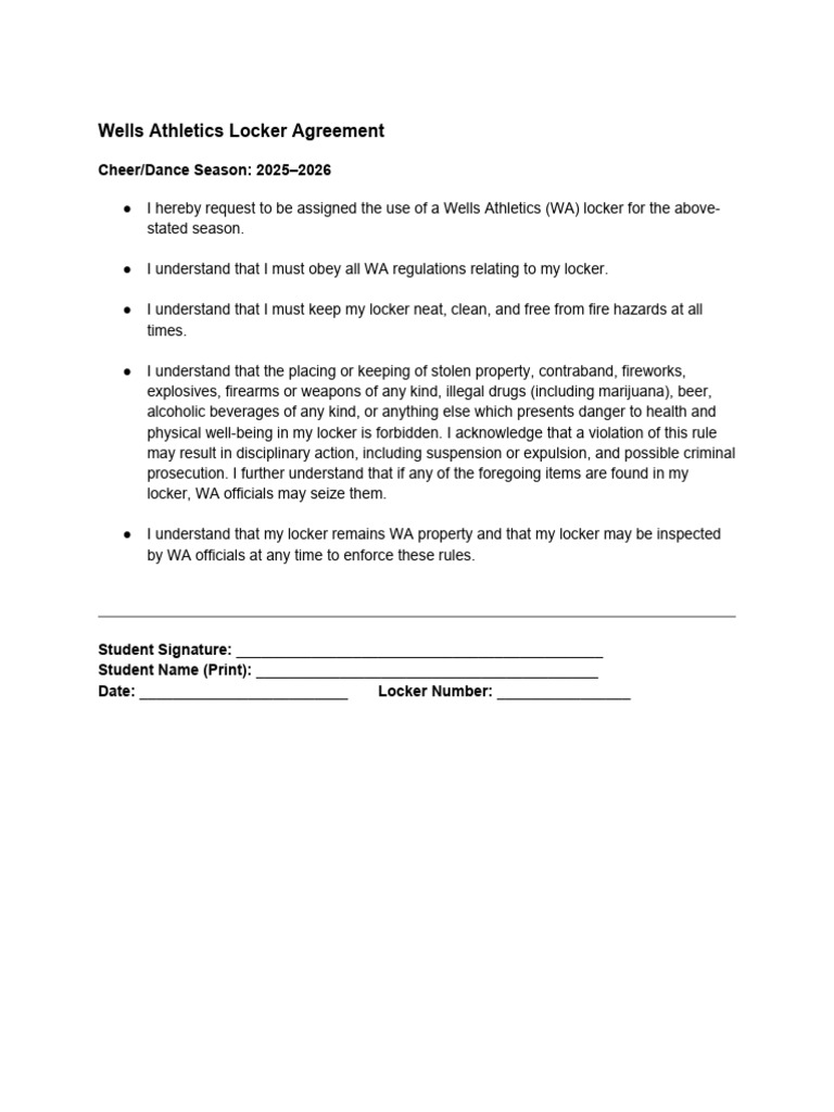 Wells Athletics Locker Agreement | PDF