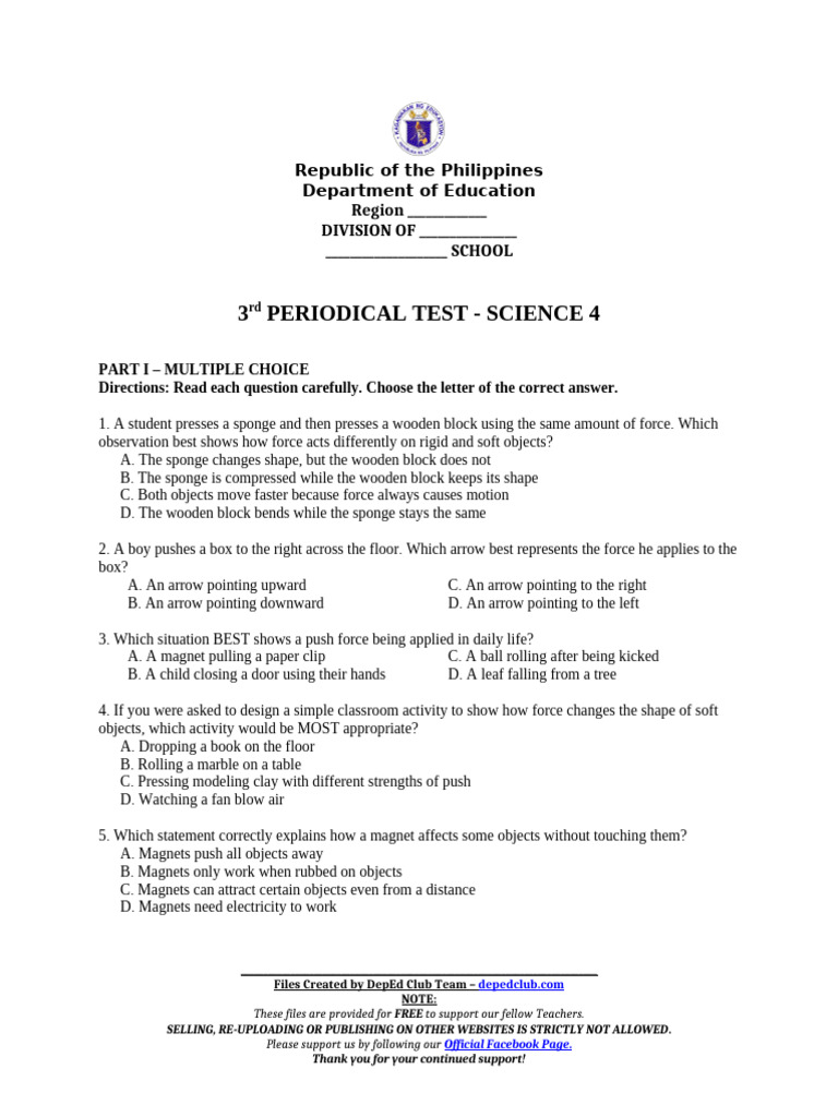 Science 4 Periodical Test Guide | PDF | Force | Magnet