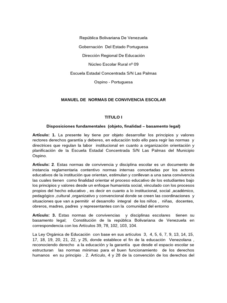 Normas de Convivencia Escolar en Venezuela | PDF | Enseñando | Maestros
