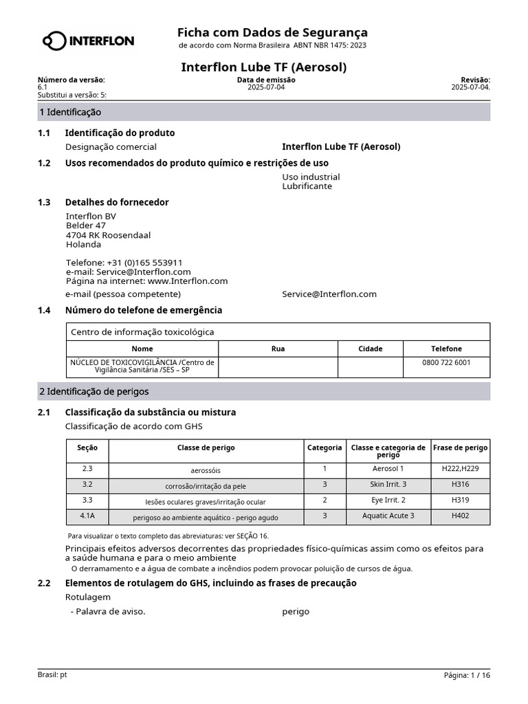 Ficha de Segurança Interflon Lube TF | PDF | Gases | Combustão