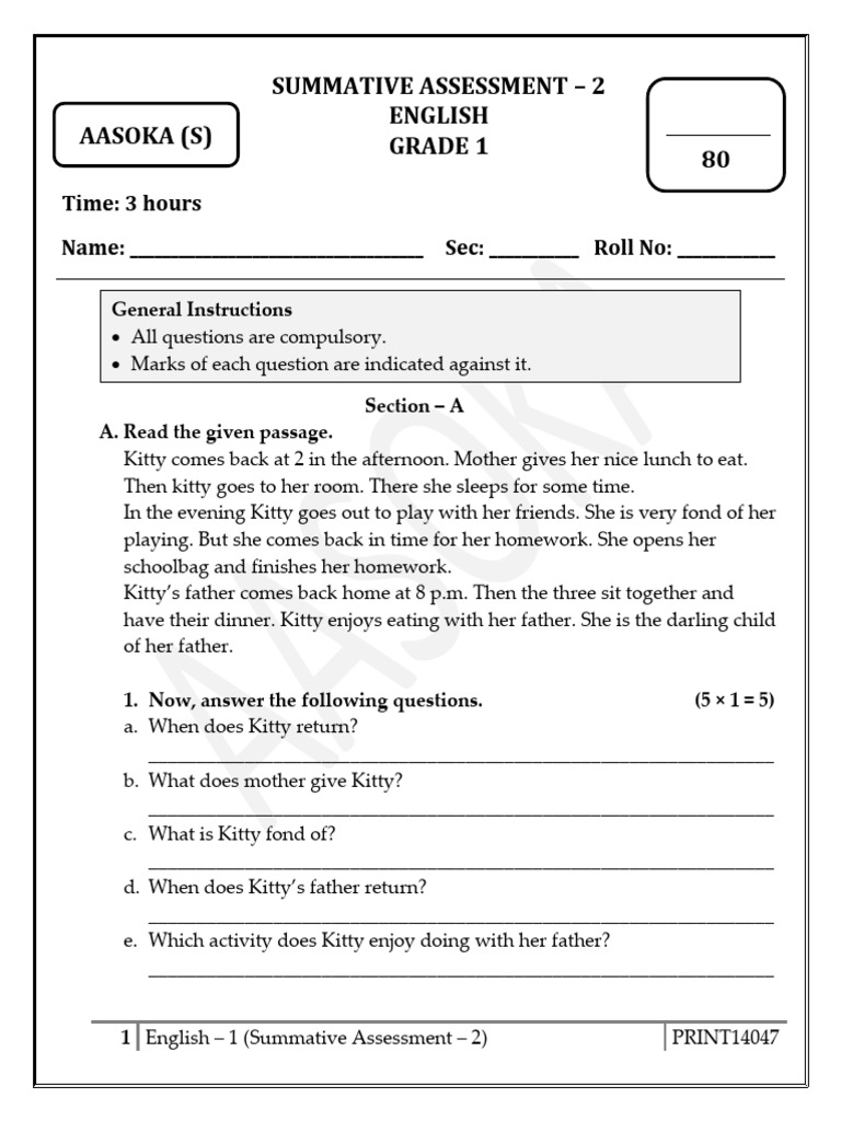 Grade 1 English Summative Assessment 2 | PDF