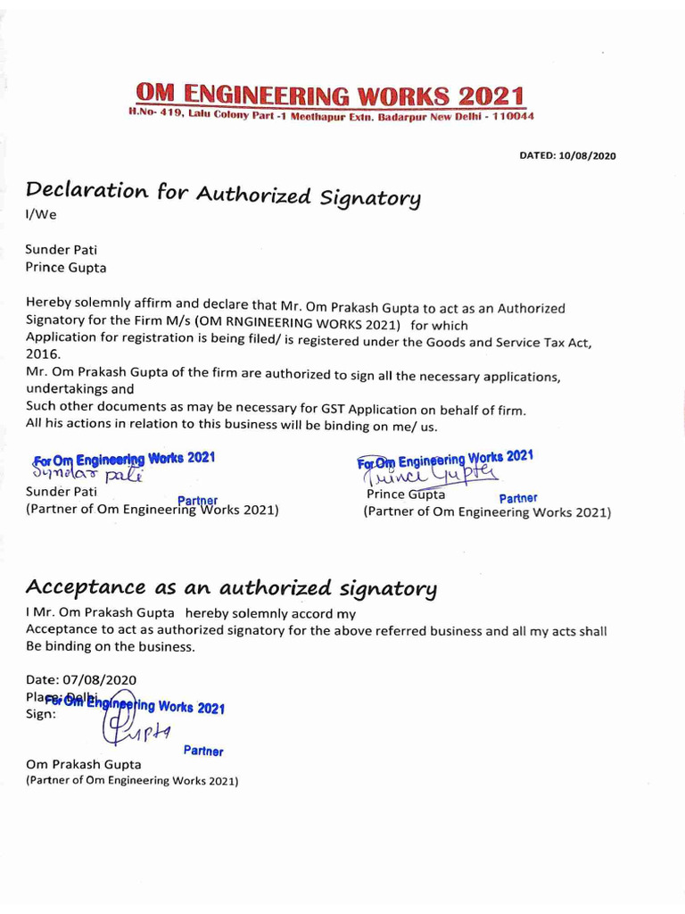 Om Engineering Works 2021 Authorised Signatory | PDF
