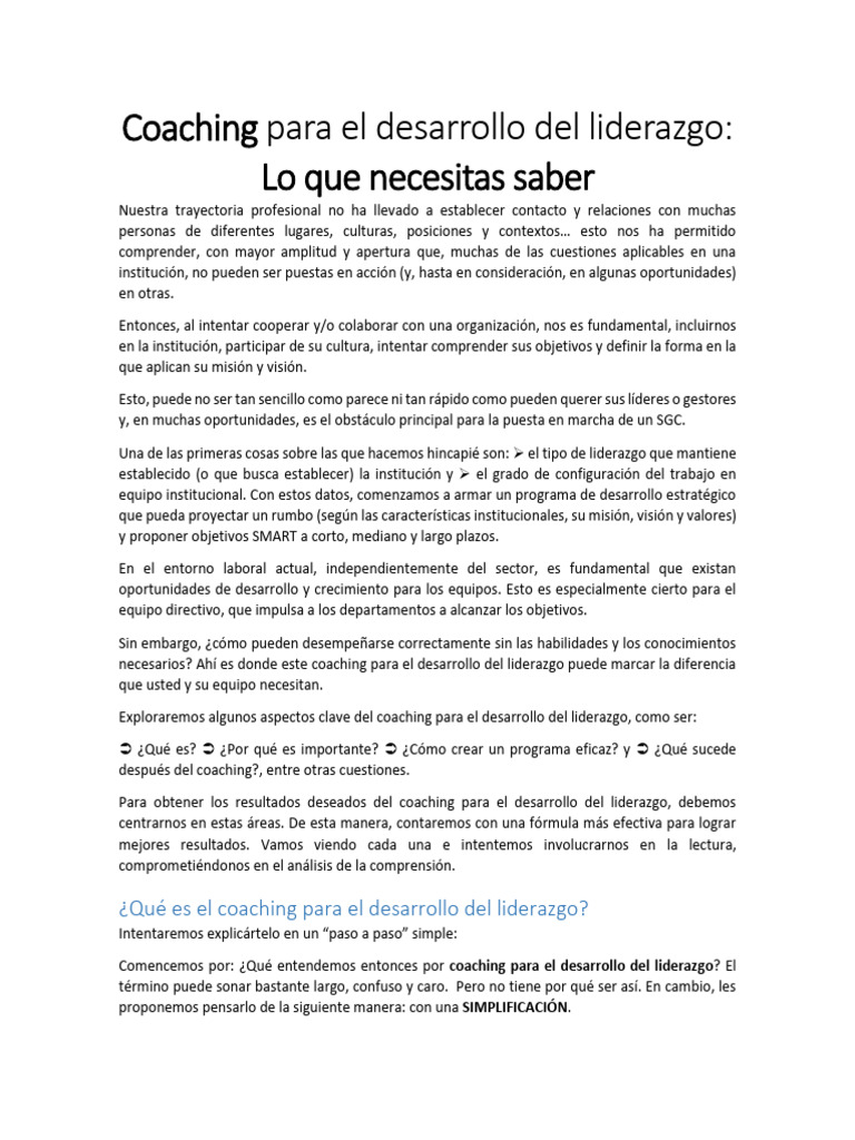 Coaching para el Desarrollo del Liderazgo | PDF | Liderazgo | Business