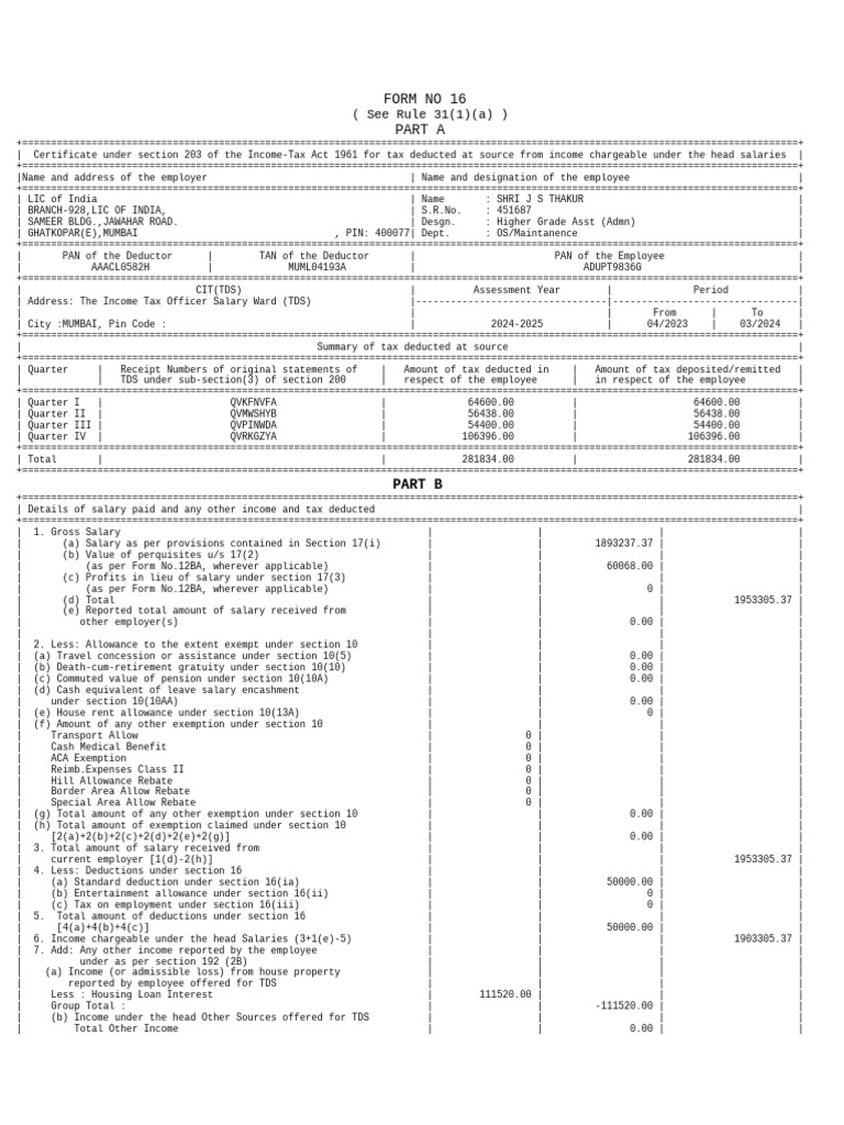 Form 16 TDS Certificate for Salaries | PDF | Employee Benefits | Salary