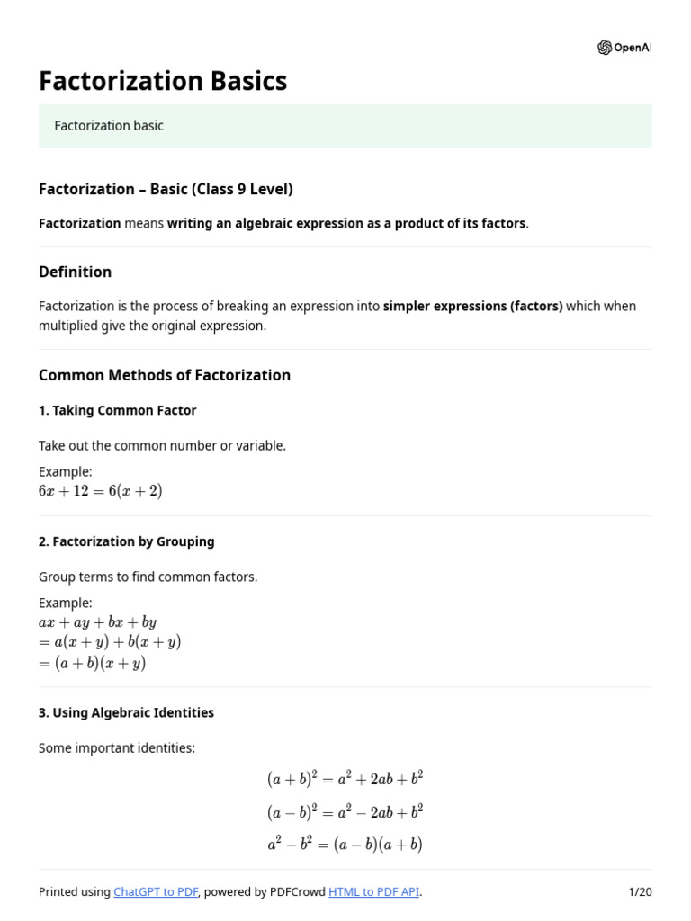 Factorization Basics for Class 9 Students | PDF | Mean | Equations