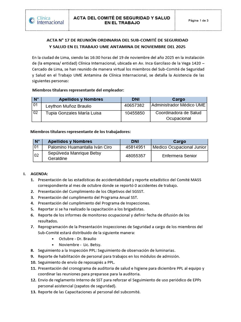 Acta de Seguridad y Salud UME Antamina | PDF | Business | Relaciones ...