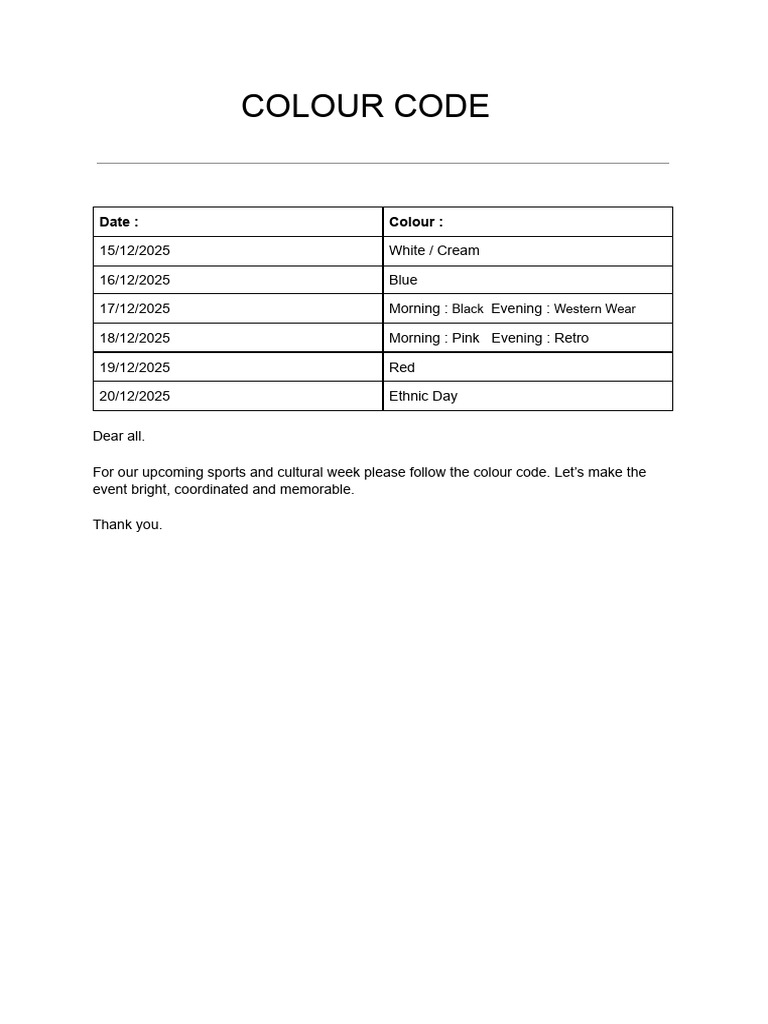 Sports and Cultural Week Colour Code | PDF