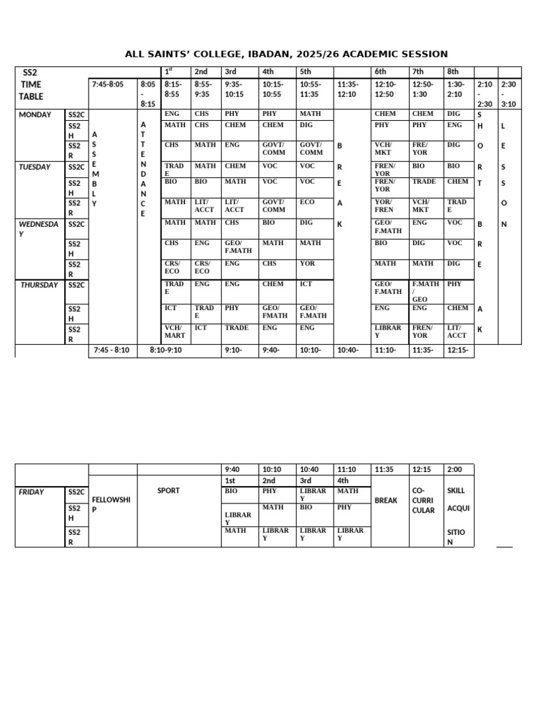 Ss2 (Time Table) | PDF