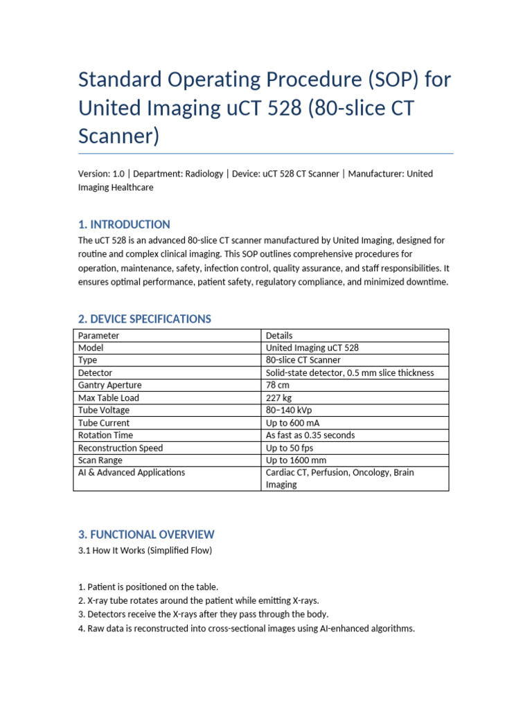 SOP for United Imaging uCT 528 Scanner | PDF | Ct Scan | Medical Imaging