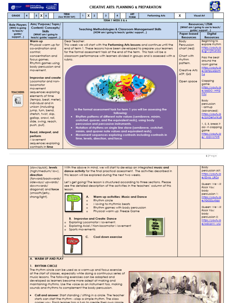 Grade 4 Creative Arts Lesson Plan | PDF | Rhythm | Dances