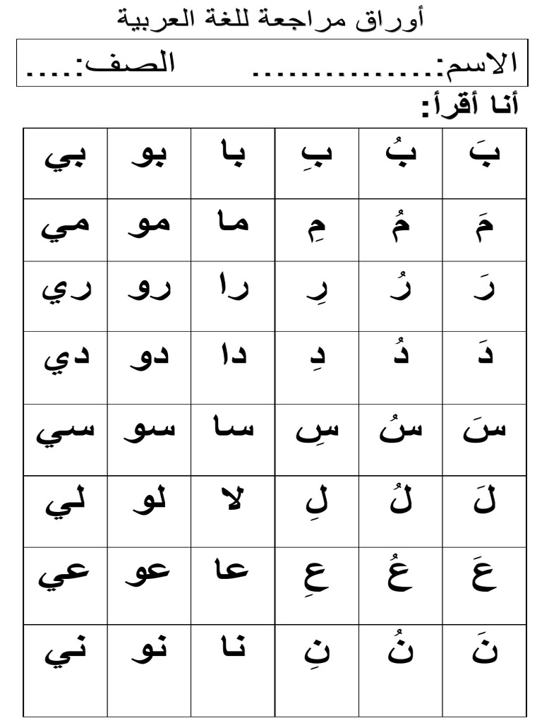 أوراق عمل مراجعة للحروف ب م ر س د ل ع ن | PDF