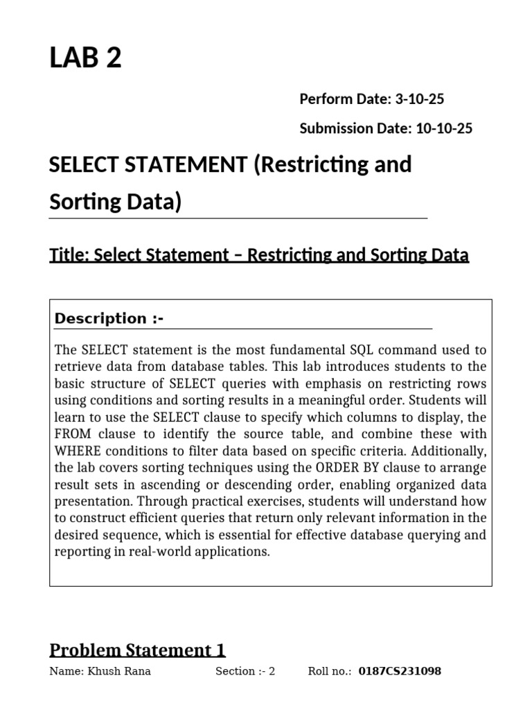 SQL SELECT Statement Lab Exercises | PDF | Databases | Data Management