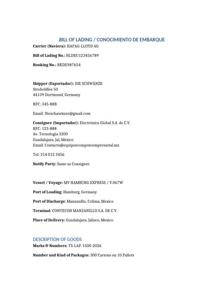 Bill of Lading for Laptop Shipment | PDF