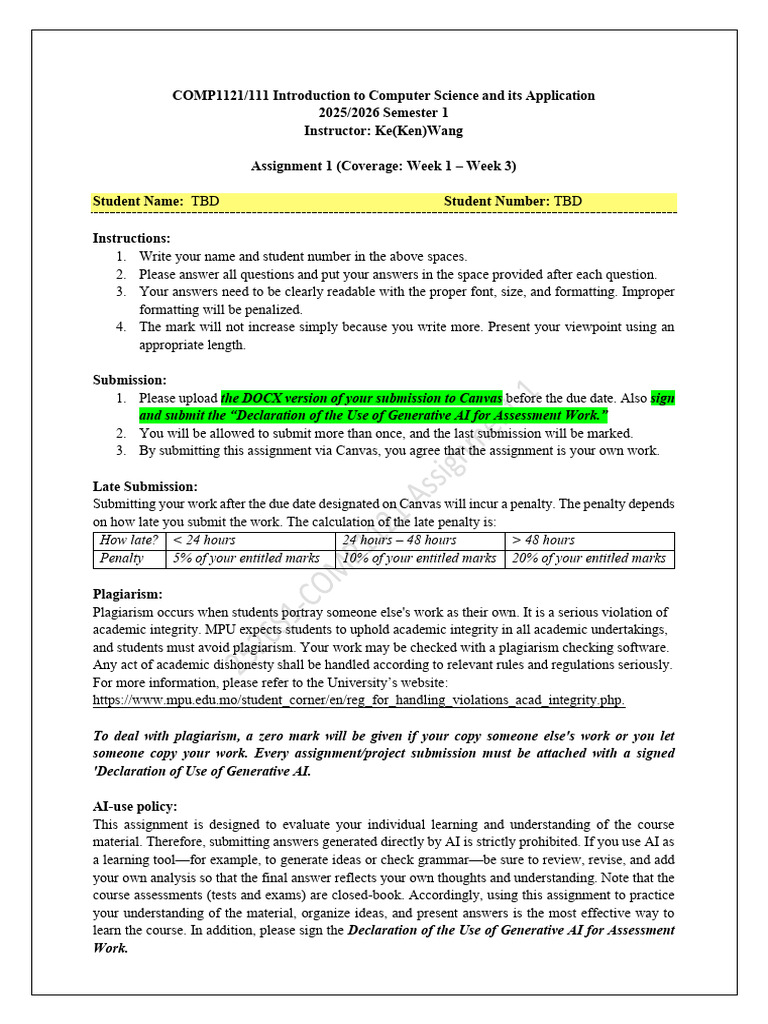 COMP1121 Assignment 1 Guidelines | PDF | Plagiarism | Application Software