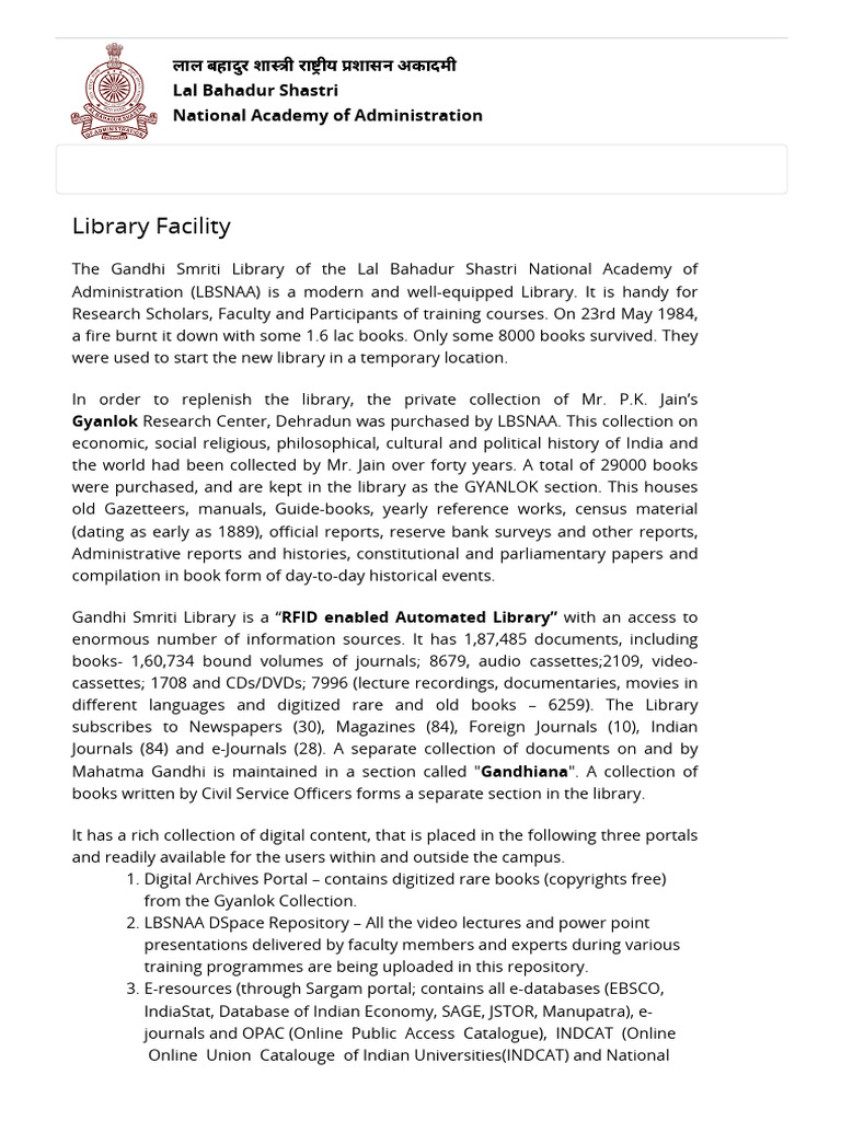 LBSNAA Library: Resources & Services | PDF | Libraries | Books