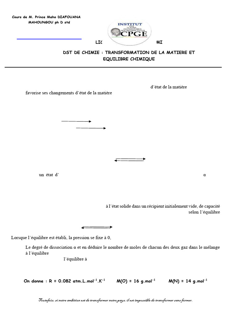 Transformation de la matière et équilibre chimique | PDF | Équilibre ...